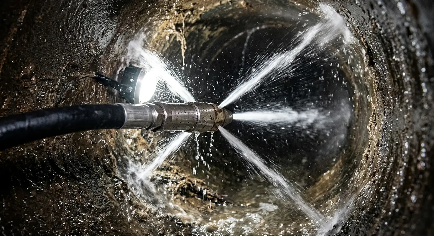High-pressure hydro jetting nozzle cleaning sewer pipe for Storm Drain Cleaning in Edgemere