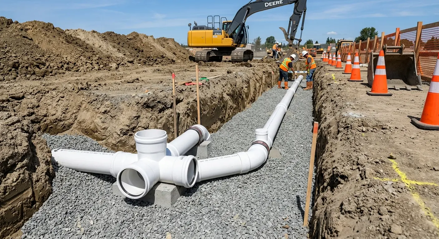 New PVC sewer pipe installation in open trench for Sewer Backup in Edgemere